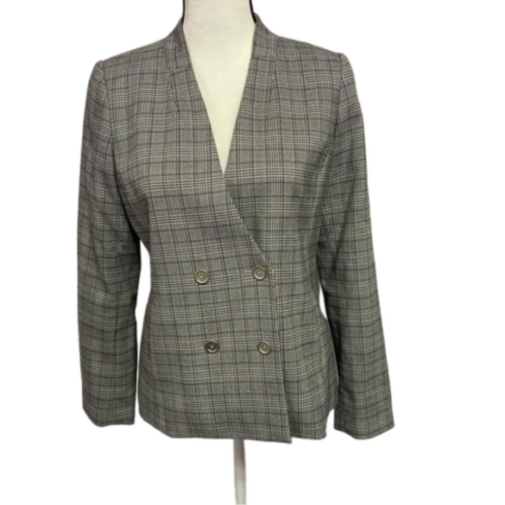 Calvin Klein Double Breasted Glen Check Pattern Lined Blazer Size 10P #1575